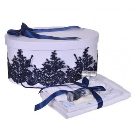 Set elegant trusou botez, cutie trusou si lumanare iepuras pufos, dantela si fundite, decor Bleumarin, Denikos® 927 - Img 5