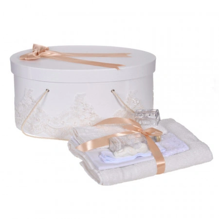 Set elegant trusou botez, cutie trusou si lumanare personalizata cu nume, decor dantela Crem, Denikos® 941 - Img 5