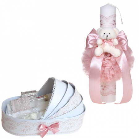 Set lumanare botez cu ursulet si trusou botez in landou, decor dantela roz pudra lata, Denikos® C1106