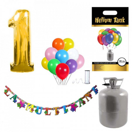 Set party butelie heliu, balon cifra 1 folie, banner si 10 baloane latex
