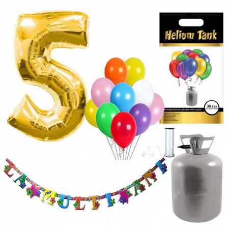 Set party butelie heliu, balon cifra 5 folie, banner si 10 baloane latex
