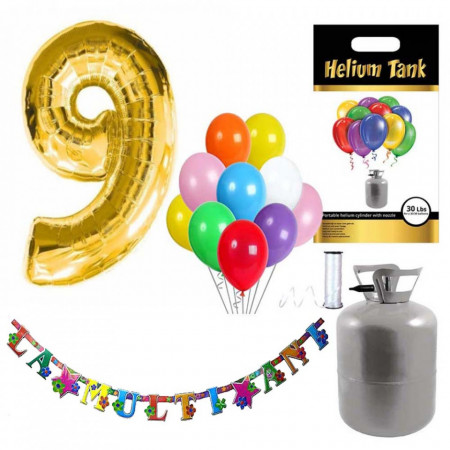 Set party butelie heliu, balon cifra 9 folie, banner si 10 baloane latex
