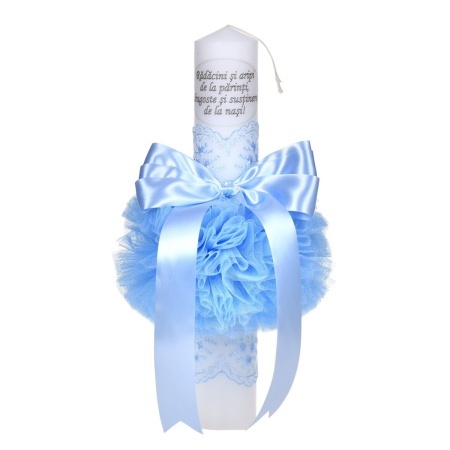 Set trusou botez in landou decorat cu dantela, lumanare personalizata cu mesaj din partea nasilor si set pentru prima baita dupa botez pentru baieti, culoare bleu, Denikos NK144 - Img 2
