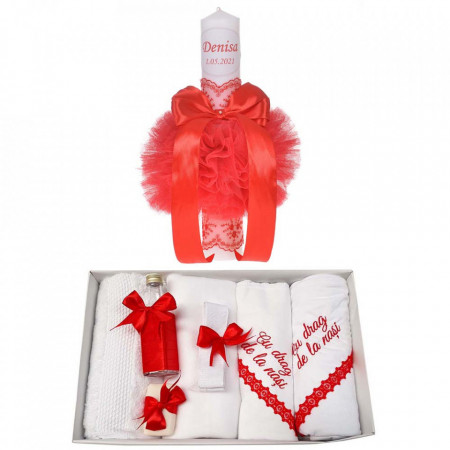 Trusou botez cu mesaj si lumanare botez personalizata, decor rosu, Denikos® 789