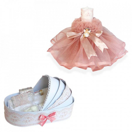 Trusou botez in landou si lumanare rochita cu ingeras, decor dusty rose Denikos® 168