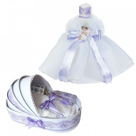 Trusou botez in landou si lumanare rochita cu ingeras, decor Lila, Denikos® 583