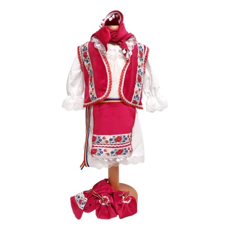 Costum botez traditional pentru fata, alb, decor rosu, 6 piese, Denikos®PTB10 - Img 3