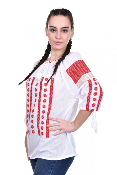 Ie traditionala alba, broderie rosie DNK0044