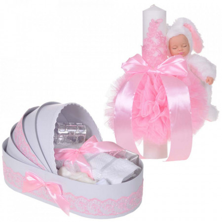Lumanare botez cu iepuras pufos si trusou botez in landou, decor dantela Roz, Denikos® 854