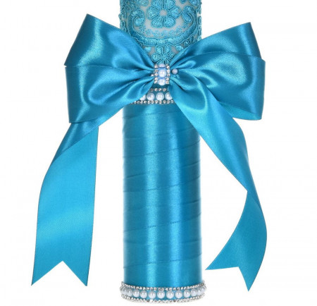 Lumanare botez decor turcoaz elegant, dantela, margelute si fundita asortata, Denikos® C1195 - Img 2