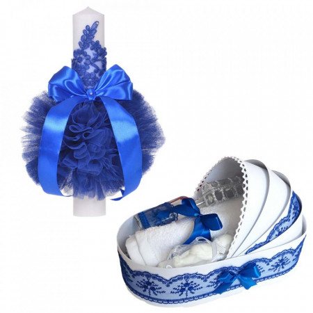 Lumanare botez glob cu dantela si trusou botez in landou, decor Albastru, Denikos® 750