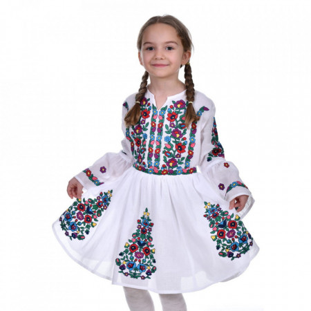 Rochie traditionala fetita, alba, broderie traditionala colorata, 1 - 16 ani, DNK0184