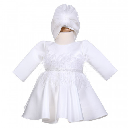 Rochita botez fetite, eleganta, cu pene, culoare alb fildes, 2 piese, Denikos® H050