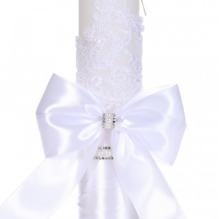 Set botez elegant, lumanare margelute si si trusou botez in landou, decor dantela alba ingusta, Denikos® C9300 - Img 3