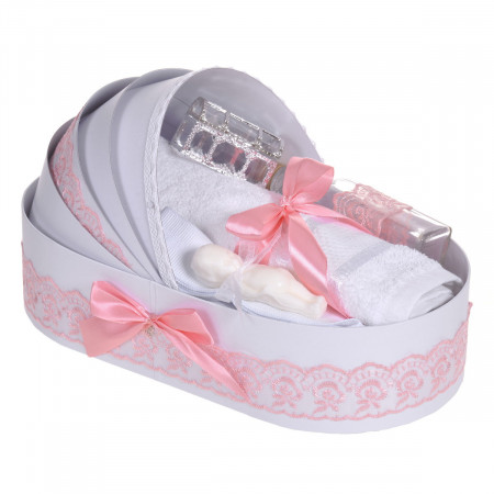 Set botez elegant, lumanare margelute si si trusou botez in landou, decor dantela roz pudra ingusta, Denikos® C9306 - Img 3