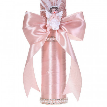 Set botez sic cu lumanare decor dantela, margelute si ingeras si trusou botez asortat, Roz pudra, Denikos® C9316 - Img 4