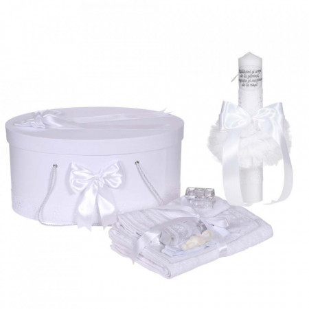 Set botez - trusou, lumanare cu mesaj si cutie trusou, decor elegant dantela Alba, Denikos® C1113