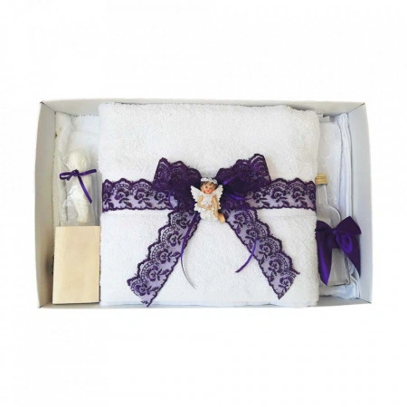 Set dantela trusou botez, cutie trusou si lumanare, Ingeras, decor Mov, Denikos® 570 - Img 3