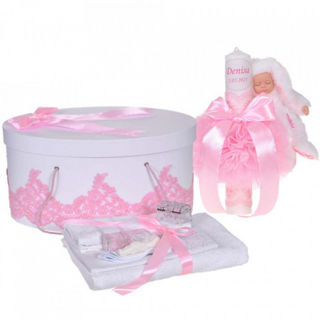 Set elegant trusou botez, cutie trusou si lumanare personalizata cu nume, decor dantela Roz cu iepuras, Denikos® 944