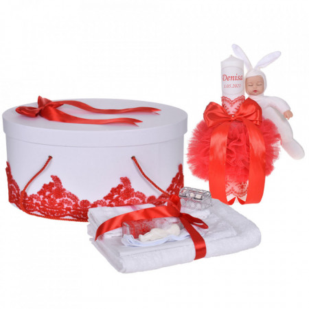 Set elegant trusou botez, cutie trusou si lumanare personalizata cu nume, decor dantela Rosie cu iepuras, Denikos® 946