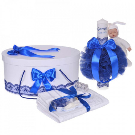 Set trusou botez, cutie trusou si lumanare personalizata cu nume, decor Albastru cu iepuras, Denikos® 912