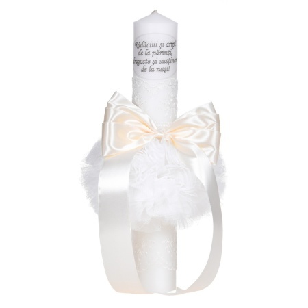 Set trusou complet in landou decorat cu dantela, lumanare botez personalizata cu mesaj si set pentru prima baita dupa botez, culoare crem / ivoire, Denikos NK146 - Img 2