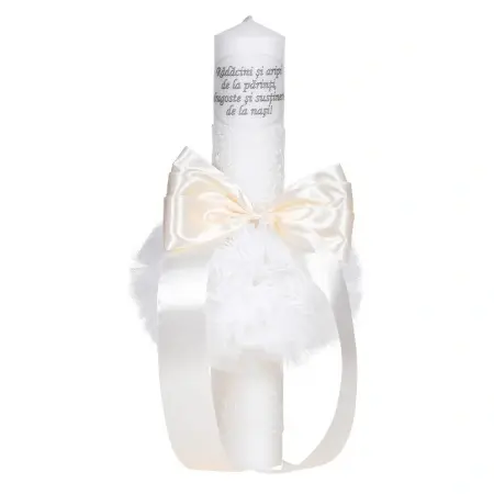 Set trusou complet in landou decorat cu dantela, lumanare botez personalizata cu mesaj si set pentru prima baita dupa botez, culoare crem / ivoire, Denikos NK146 - Img 2