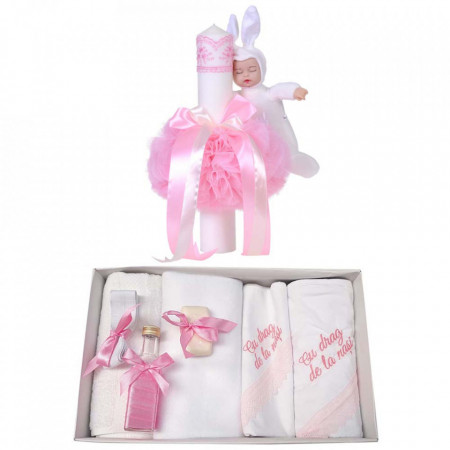 Trusou botez cu mesaj si lumanare cu iepuras, decor roz, Denikos® 546