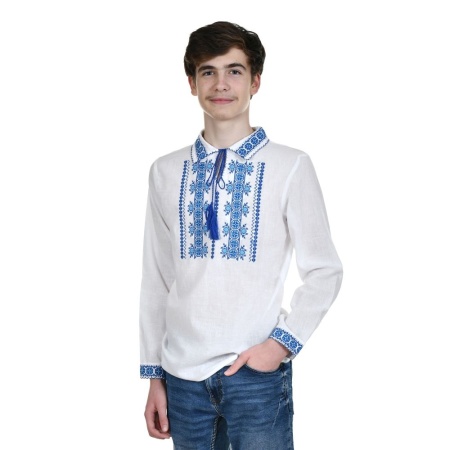 Camasa ie traditionala baiat, alba, broderie albastra, motive populare romanesti, Denikos®TD239 - Img 2