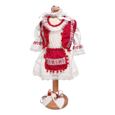 Costum botez national pentru fete, alb, decor rosu, 5 piese, Denikos®PTB09 - Img 3