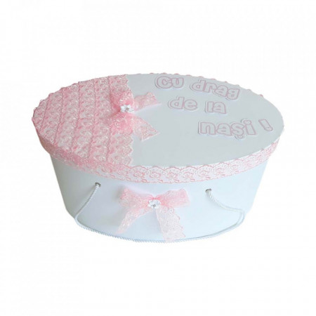 Cutie trusou botez personalizata, decor dantela roz, Denikos® 216