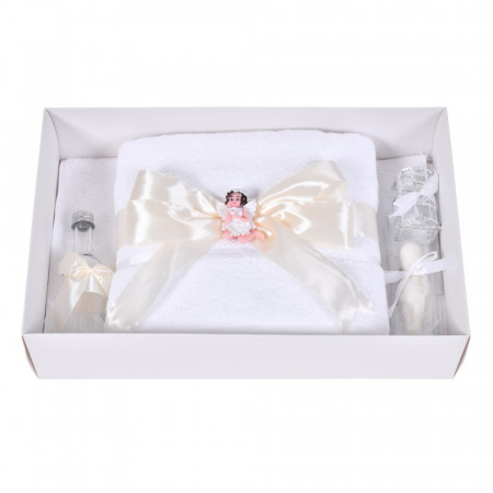 Set botez cu lumanare decor dantela, margelute si ingeras si trusou botez asortat, Crem / Ivoire, Denikos® C9314 - Img 5