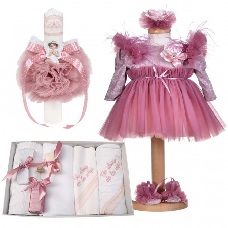 Set botez fetita, rochita 3 piese, trusou botez cu mesaj si lumanare, decor roz pudra, Denikos® C1174