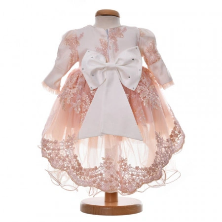 Set botez, rochita cu trena, 3 piese, trusou botez si lumanare, decor dantela dusty rose, Denikos® C9199 - Img 3