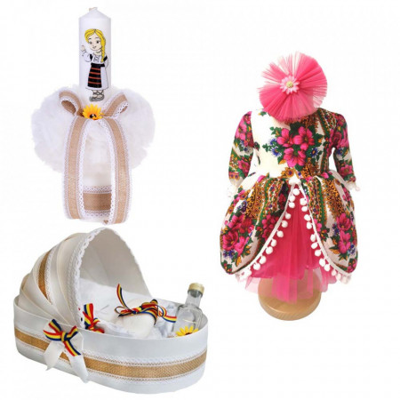 Set botez traditional fetita, trusou botez landou, lumanare si costum popular fata, Denikos® 973