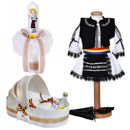 Set costum traditional fetita, trusou botez landou si lumanare, decor national, Denikos® 1055