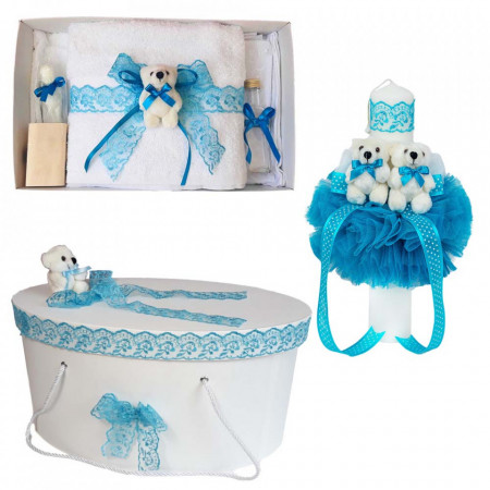 Set trusou botez, cutie trusou si lumanare, dantela si Ursuleti, decor Turcoaz, Denikos® 560
