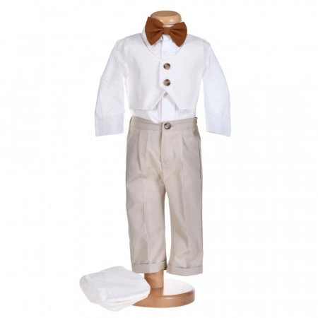 Costum botez baiat, nuante deschise, papion maro, 5 piese, Denikos® H004 - Img 2