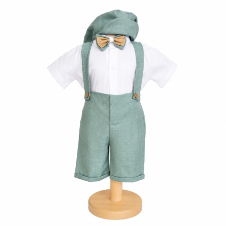 Costum botez baiat vernil cu pantaloni trei sferturi cu bretele, camasa tip body, papion si bascuta eleganta, Denikos® H047 - Img 2
