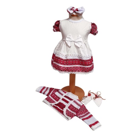 Costum botez traditional pentru fetite, material alb cu rosu, 4 piese, Denikos®PTB12 - Img 2