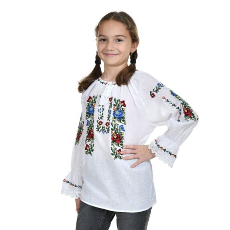 Ie nationala fete, alba, broderie cu motive florale, traditionale romanesti, Denikos®TD241 - Img 3