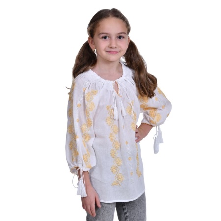 Ie traditionala fata, alba, broderie aurie, marime unica, 7-10 Ani, Denikos®TD221 - Img 3