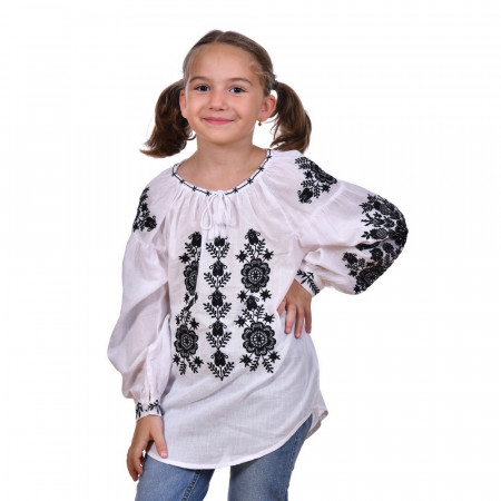 Ie traditionala fetita, alba, broderie florala neagra, 1 - 16 ani, DNK0194