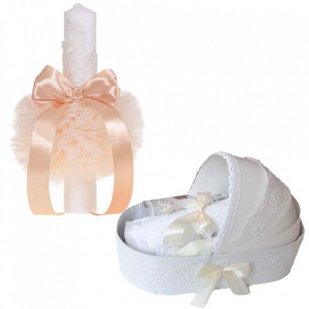 Lumanare botez glob cu dantela si trusou botez in landou, decor Ivoire, Denikos® 754