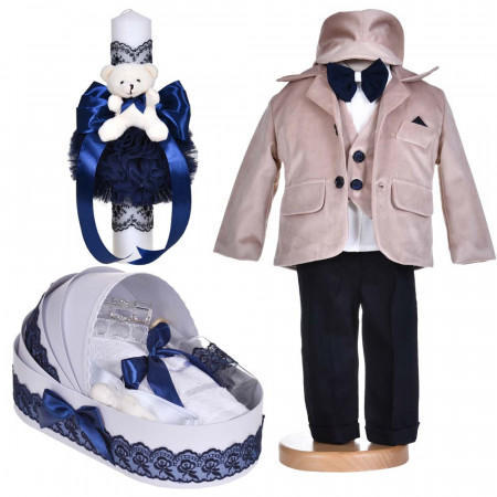 Set botez, costum botez baiat, 5 piese, trusou botez si lumanare, decor bleumarin, Denikos® C1132
