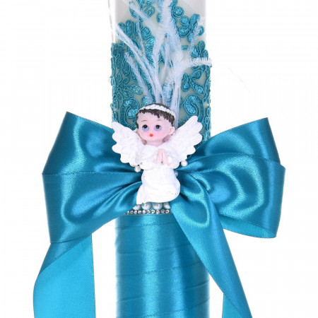 Set botez cu lumanare dantela, margelute si ingeras si trusou botez asortat, decor Turcoaz, Denikos® C9313 - Img 2