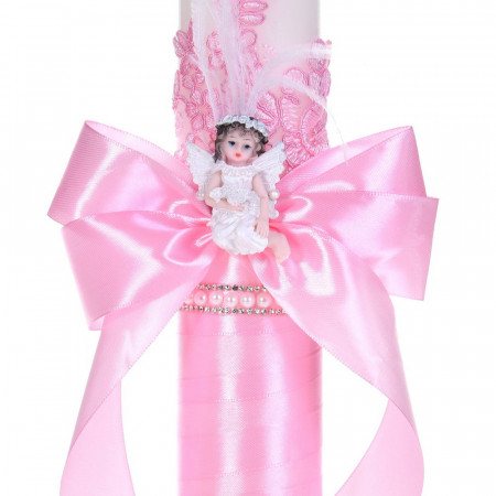Set botez cu lumanare decor dantela, margelute si ingeras si trusou botez asortat, Roz, Denikos® C9315 - Img 2