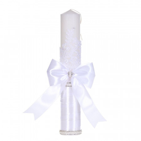 Set botez elegant, lumanare margelute si si trusou botez in landou, decor dantela alba ingusta, Denikos® C9300 - Img 5
