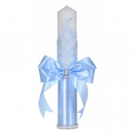 Set botez elegant, lumanare margelute si si trusou botez in landou, decor dantela bleu ingusta, Denikos® C9302 - Img 5