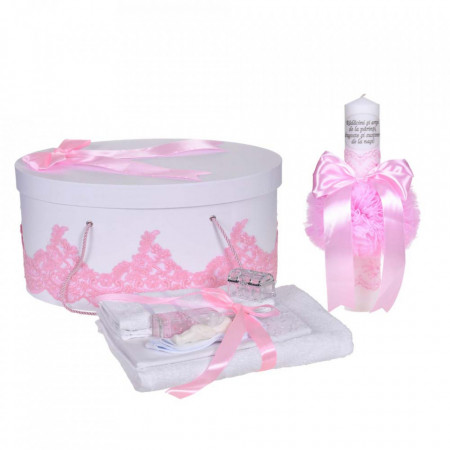 Set botez trusou, lumanare cu mesaj si cutie trusou decor dantela lata Roz, Denikos® C1127